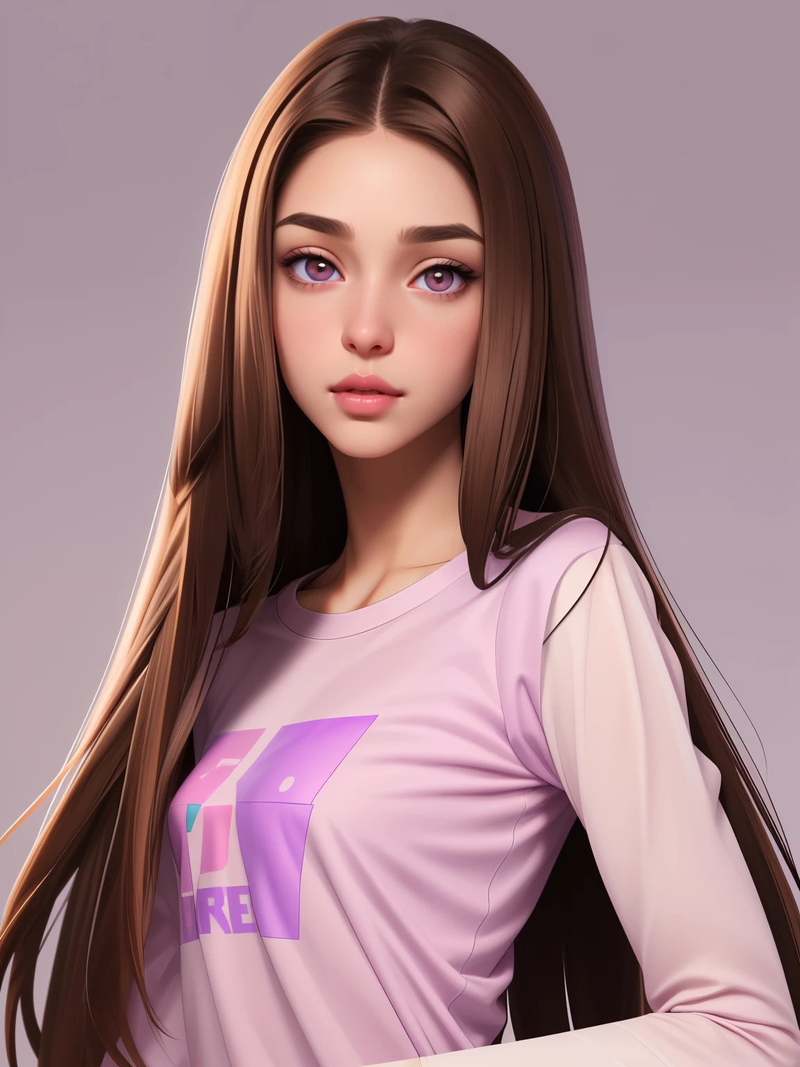 Girl, long straight brown hair, brown eyes, sharp features, white skin, pink lips, beautiful, purple t-shirt with sleeves