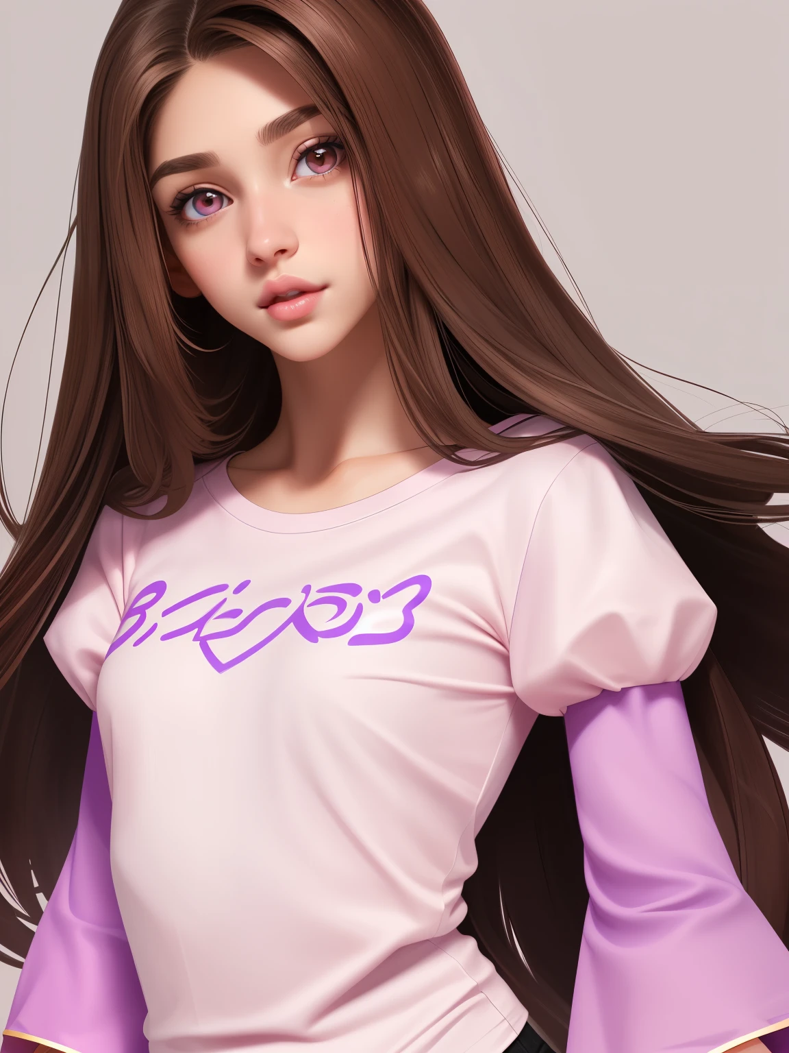 Girl, long straight brown hair, brown eyes, sharp features, white skin, pink lips, beautiful, purple t-shirt with sleeves