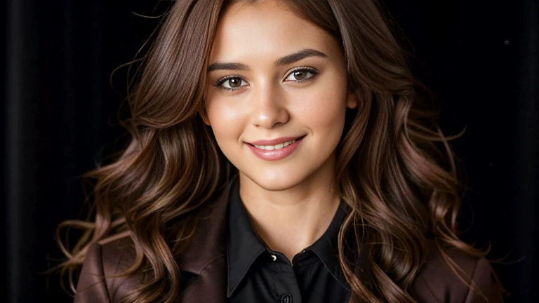 photograph of a young girl of 25 years old, long hair, curly hair, red-brown hair color, soft skin, brown eyes, sincere smile, big bust, business-style clothing, black jacket, light shirt, realistic, with black photographic background, (super realistic 8k), super detailed and sharp, photo studio type black background with red curtains framing the photograph