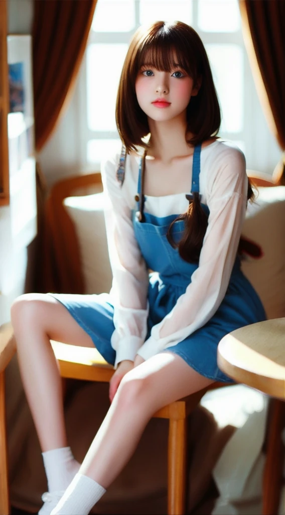 Photorealism、highest quality、超A high resolution、photograph、とても美しい北欧の女の子のphotograph、Cute and beautiful face details、(Facing the children_v1:0.008)、Beautiful Bangs、Alice in Wonderland、14 years、Glowing White Skin、Bangs between the eyes、Super long hair、Attractive platinum blonde super long straight silky hair、Beautiful, large, attractive, sparkling light blue eyes、White apron、Blue clothes、eyeliner、double eyelid、Bust of a Rich Man