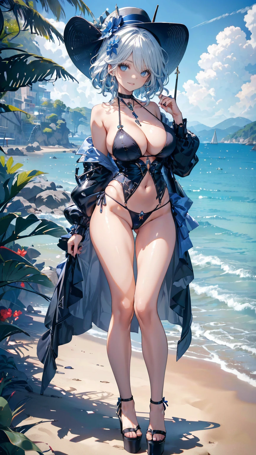 ((masterpiece, high resolution, better quality, better details)), (anime), one woman on the beach, ((toothy smile)), ((royal blue micro bikini with black details)), ((thong bikini)), cleavage, platform high heels, black neck choker, large straw hat, white hair with blue highlights, shiny skin, ((slender body)), front view, beach landscape, wide hips, slim waist, big breasts,
