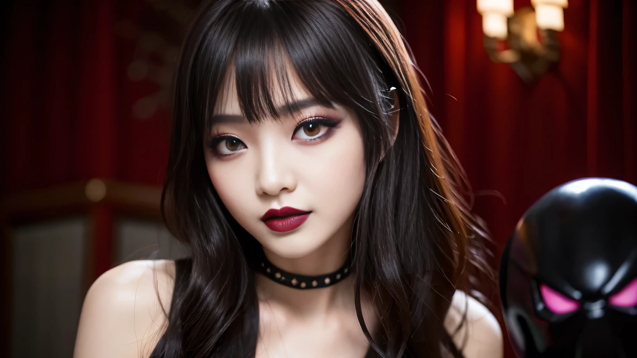 best quality、ultra-detailed、4k、Japanese、Seductive beauty、seductive adult woman、Pretty Woman、cool girl、Villainess、Brainwashed、brainwash、Fallen into evil、smirk、Evil look、Wicked Smile、evil、Brown hair、wavy hair、swept bangs、dark makeup、dark makeup、piercing eyes、hollow eyes,half-closed eyes、Hollow Eyes、purple Eyeshadow、black lipstick、black lipglos、night、inside darkroom、Are standing、shoot from below、bodystocking、bodypanthhose、Spider's full body tights、Have lipstick、spider、Emblem of Evil、Crest of Darkness、Swear allegiance、I have pledged my allegiance、Dye black、Blackening、Stained with evil、Dyed in darkness、Seduce