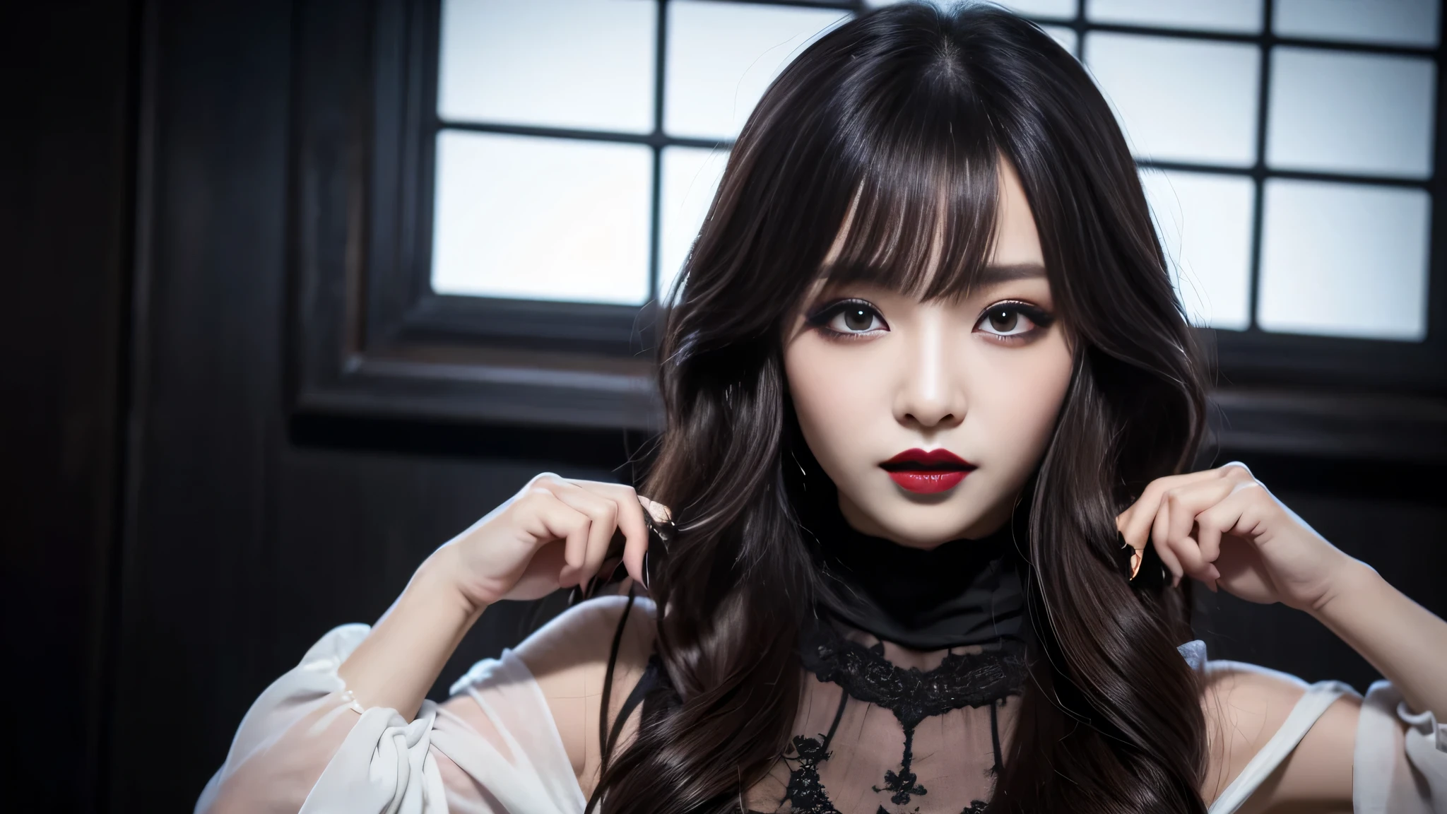best quality、ultra-detailed、4k、Japanese、Seductive beauty、seductive adult woman、Pretty Woman、cool girl、Villainess、Brainwashed、brainwash、Fallen into evil、smirk、Evil look、Wicked Smile、evil、Brown hair、wavy hair、swept bangs、dark makeup、dark makeup、piercing eyes、hollow eyes,half-closed eyes、Hollow Eyes、purple Eyeshadow、black lipstick、black lipglos、night、inside darkroom、Are standing、shoot from below、bodystocking、bodypanthhose、Spider's full body tights、Have lipstick、spider、Emblem of Evil、Crest of Darkness、Swear allegiance、I have pledged my allegiance、Dye black、Blackening、Stained with evil、Dyed in darkness、Seduce