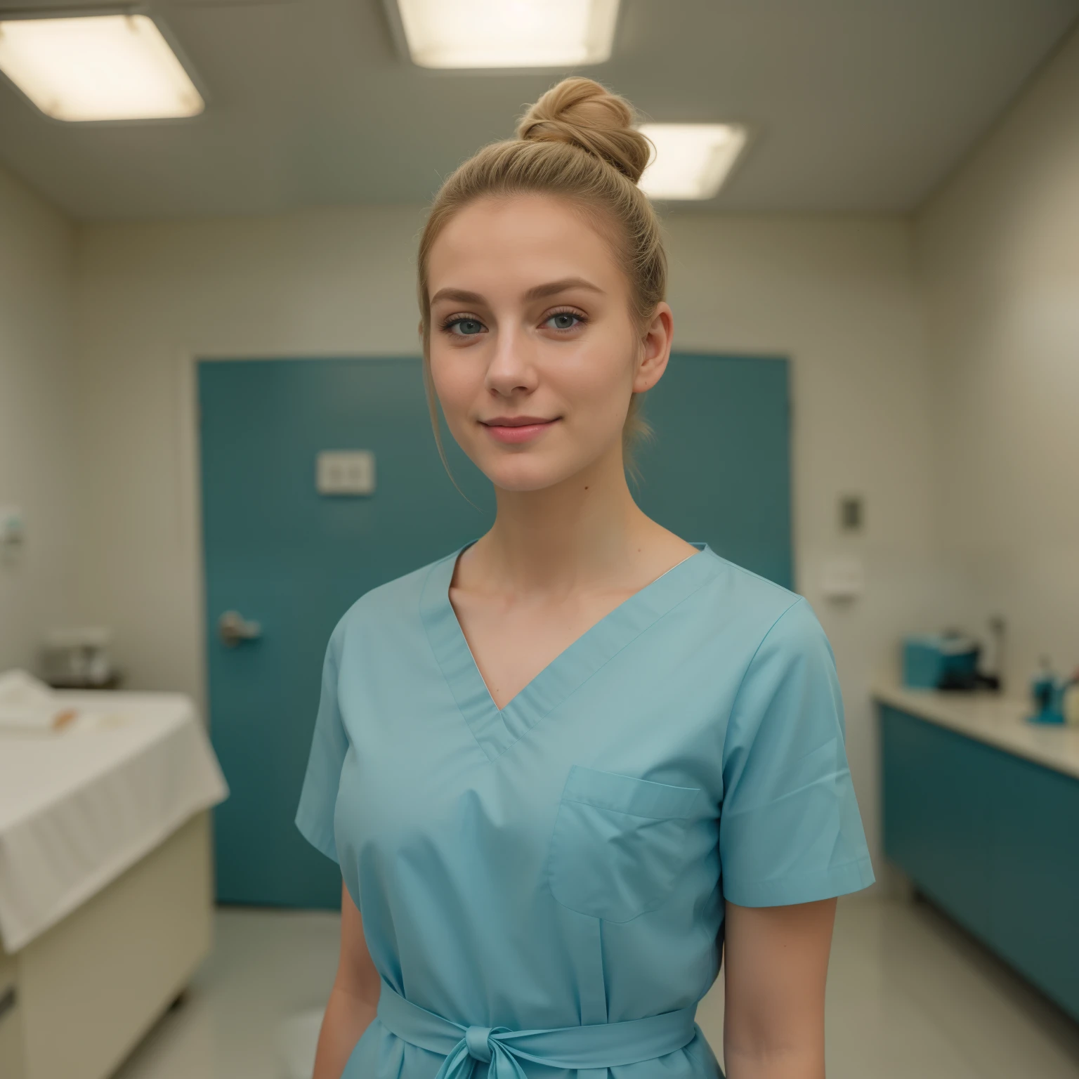 A Realistic Portrait, of a tenager girl, 15 years old (lady oscar), as surgical nurse, blonde hair, , Beautiful, detailed face, detailed eyes, (realistic skin:1.3), (pale skin:1.1), (textured skin:1.3), (()), big smile, (iphone photograph), (perfect small breasts:1.1), wearing teal surgical scrubs), (artificial lighting:1.3), looking at the camera, perfect slim body, amateur Photography, Photorealistic, Detailed, analog, poor quality, grainy,, wide angle, showing full body, standing in operation room, wearing long surgical scrubs, non-nude, all body parts covered by teal scrub uniform,short hair tied up, hair bun, hair tied as chignon