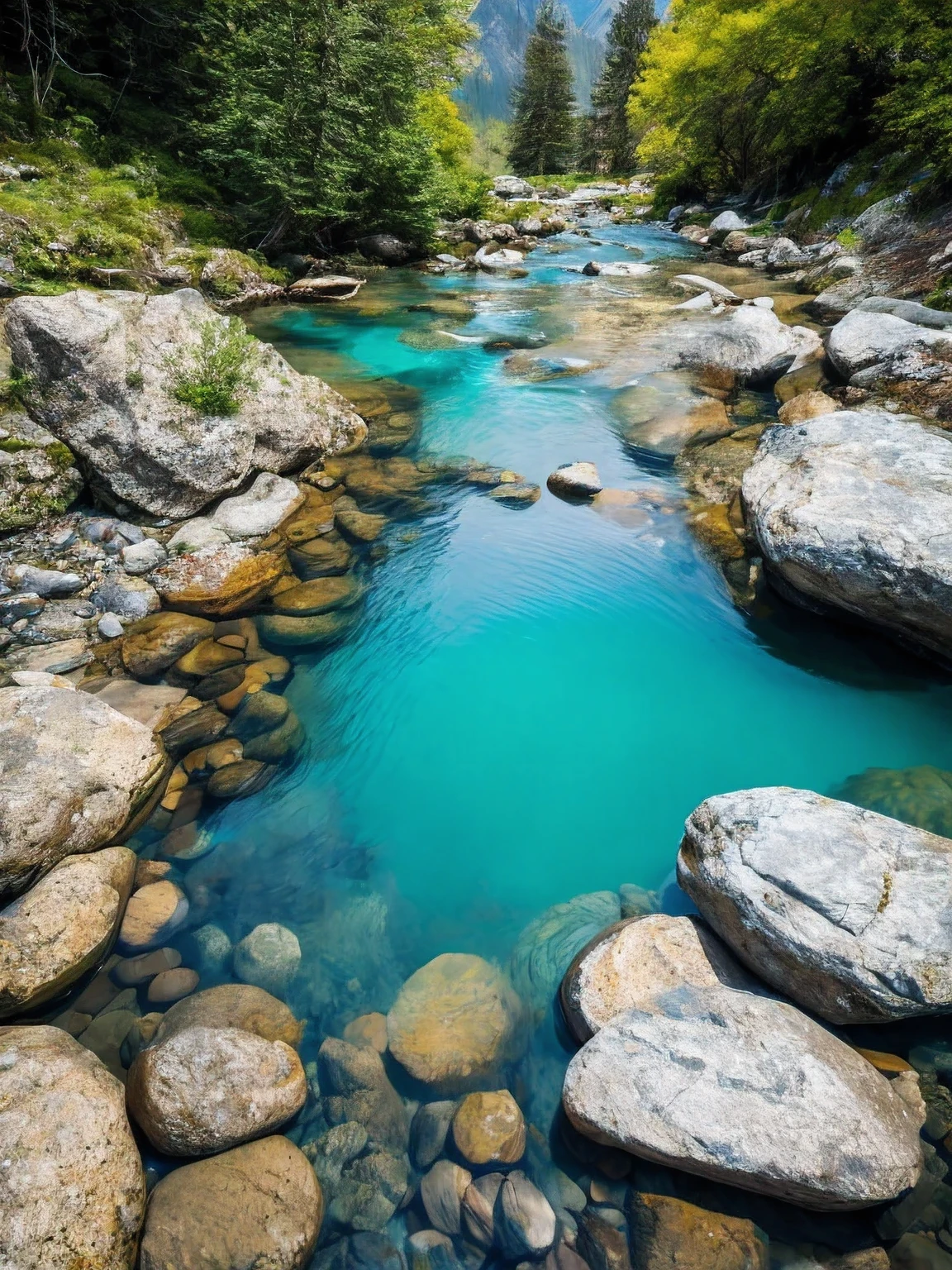 Mountain Stream,Calm waters of the river, flowing over the stones, Some flowers are underwater, creating a commercial photography composition, Seen from above, Visual reflection, Commercial Photography, Photography with Canon EOS 1D, 34mm sigma lens, ultra realism, Cinema Light, 8K