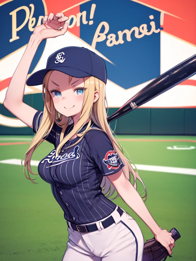 masterpiece、highest quality、High resolution、Very detailed、Girl、Blonde、Blue Eyes、Big Breasts、Baseball Player、baseball player、Wearing a baseball uniform、wear a baseball hat、Standing on the baseball field、V-shaped eyebrows、laughing、smug face、Angle from the front、Viewed from the front、