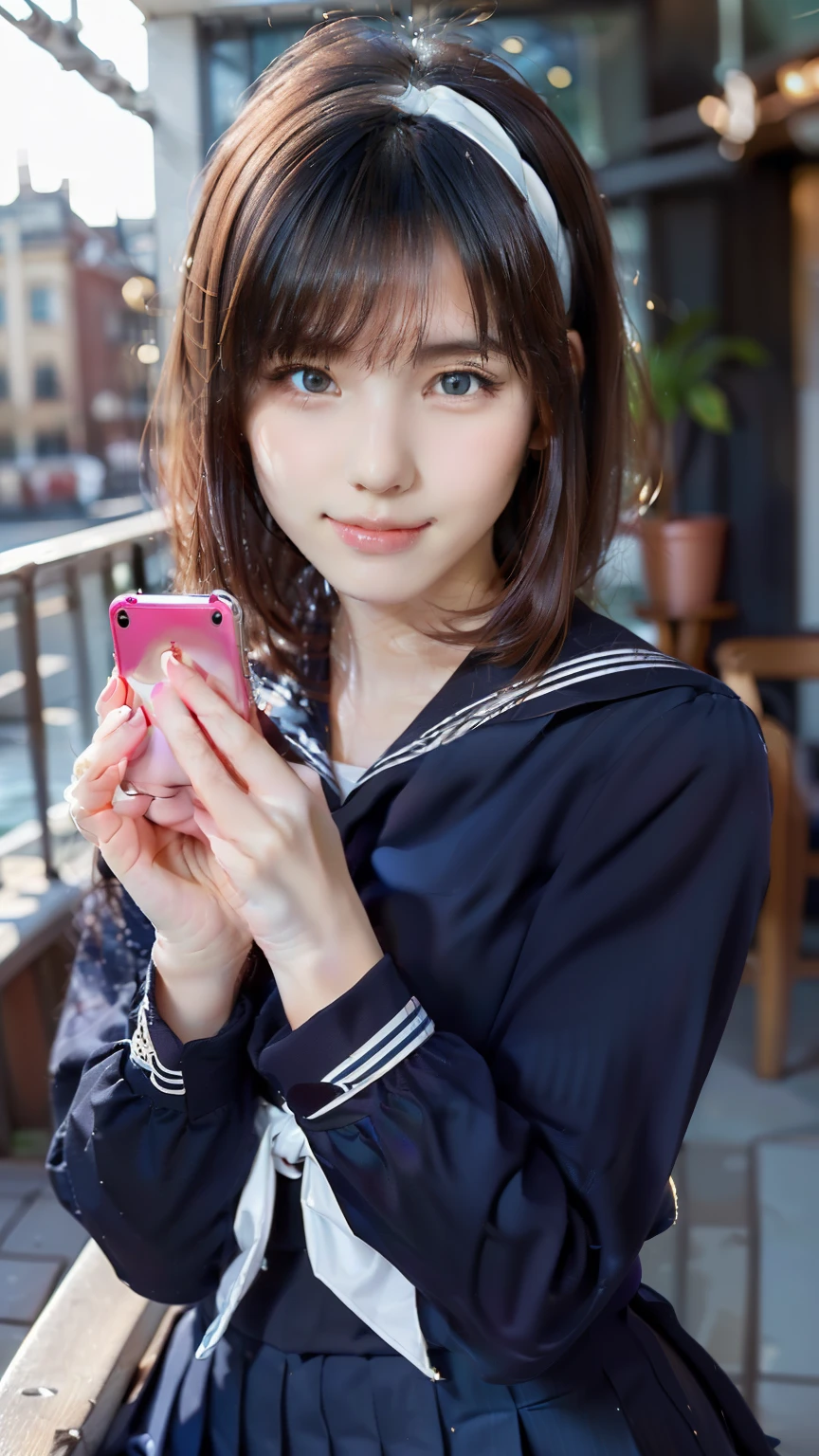 sailor uniform, One Woman, (Beautiful woman, delicate :1.3), Shiny Black Hair, Bobcut, bangs, (8k), (highest quality: 1.2), (Realistic), (Realistic: 1.37), (masterpiece), (Ultra-high resolution), (RAW Photos), (Absolute Resolution), (((face is small compared to body: 1.4))), (((Small face:１.4))), A balanced face, (Small Mouth: 1.4), ((Slim female body: 1.4)), Black Hair, (((long sleeve Sailor suit))), realistic high school girl, (((White headband))), Small breasts, Slanted Eyes, Bright Blue Eyes, (Cafe on the open terrace), Open your mouth, smile, Blurred, full body, Three white lines on the collar of a sailor uniform, Looking up, ((Shooting with your smartphone:1.3)), 