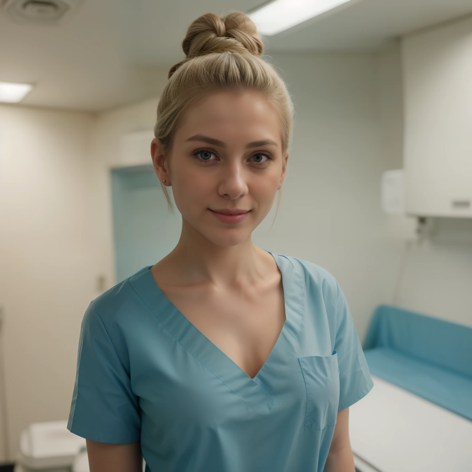 A Realistic Portrait, of a tenager girl, 17 years old (Lady Oscar=, blonde hair,, as surgical nurse, Beautiful, detailed face, detailed eyes, (realistic skin:1.3), (pale skin:1.1), (textured skin:1.3), (()), big smile, (iphone photograph), (perfect small breasts:1.1), (artificial lighting:1.3), looking at the camera, perfect slim body, amateur Photography, Photorealistic, Detailed, analog, poor quality, grainy, standing in operation room, wearing dark-teal surgical scrubs, wide angle, showing full body, short hair tied up, hair bun, hair tied as chignon