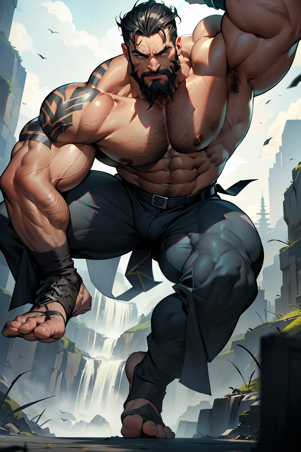 Muscular Giant Wolverine, characterized by his towering size and bulging biceps, is depicted in this image. With each stomp of his massive feet, the ground trembles. His enormous biceps flex with every movement, showcasing his unparalleled strength. The detail of his musculature is ultra-detailed, a testament to his beastly nature. His fur, slicked back in a meticulously designed beard, is a shiny gray, adding to his overall imposing presence.

His eyes, piercing and intense, are perfectly lit, giving them a captivating gleam. His face is hyperdetailed, with thick eyebrows that accentuate his fierce expression