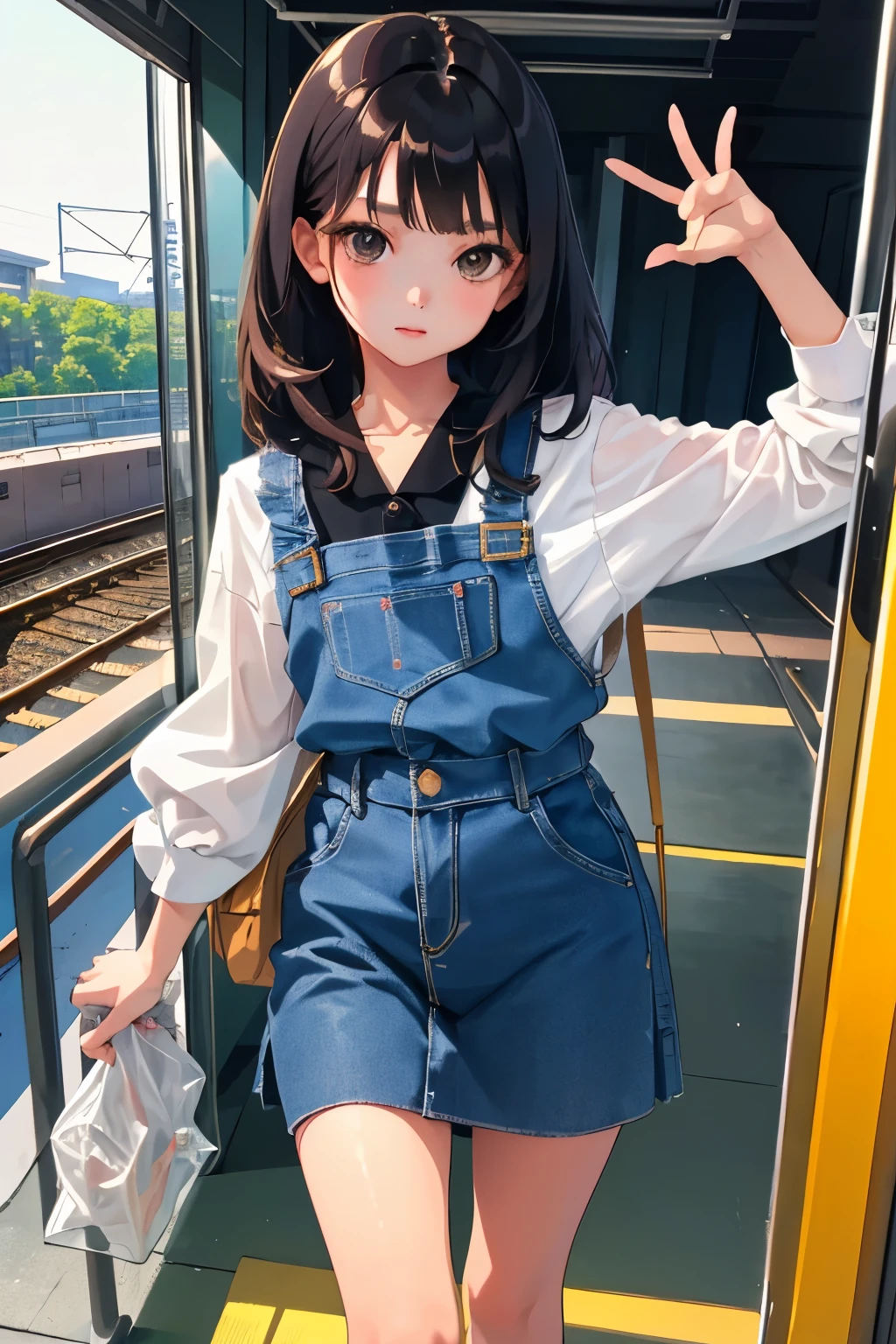 (child)，highest quality，Beautiful face in every detail，cute，Dark brown eyes，(背の低いcute女の子，Small young student，Young delicate girl）,（masterpiece，Top quality)，Black Hair，Sleepy expression，Sleeveless，Denim skirt，Inside the train