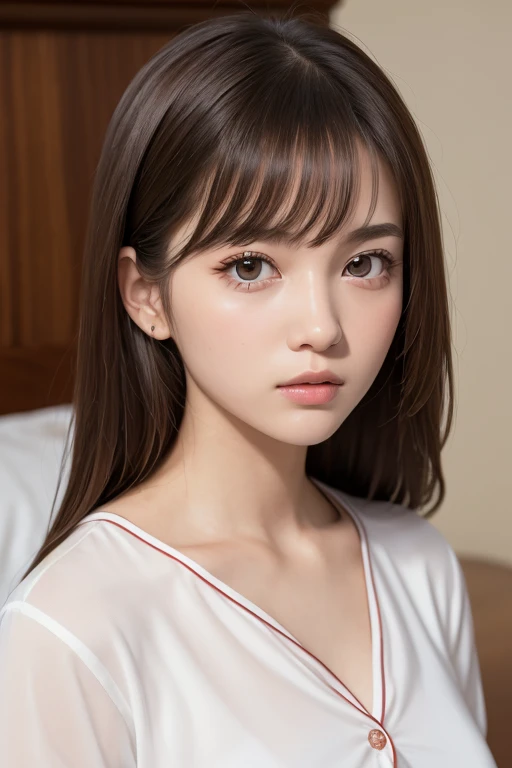 one girl, (a beauty girl, delicate girl:1.3), (18-year-old:1.3),
break, (pajamas,Unbutton it、 white pajamas:1.2),
break, Very fine grain definition, (Symmetrical eyes:1.3),
break, (Bedroom:1.3), 
break, Small breasts, Brown eyes, Parted bangs, Brown Hair,  girl,
break, (Eye and facial details:1.0),
break, (masterpiece, highest quality, Super detailed, Detailed face, 8k)