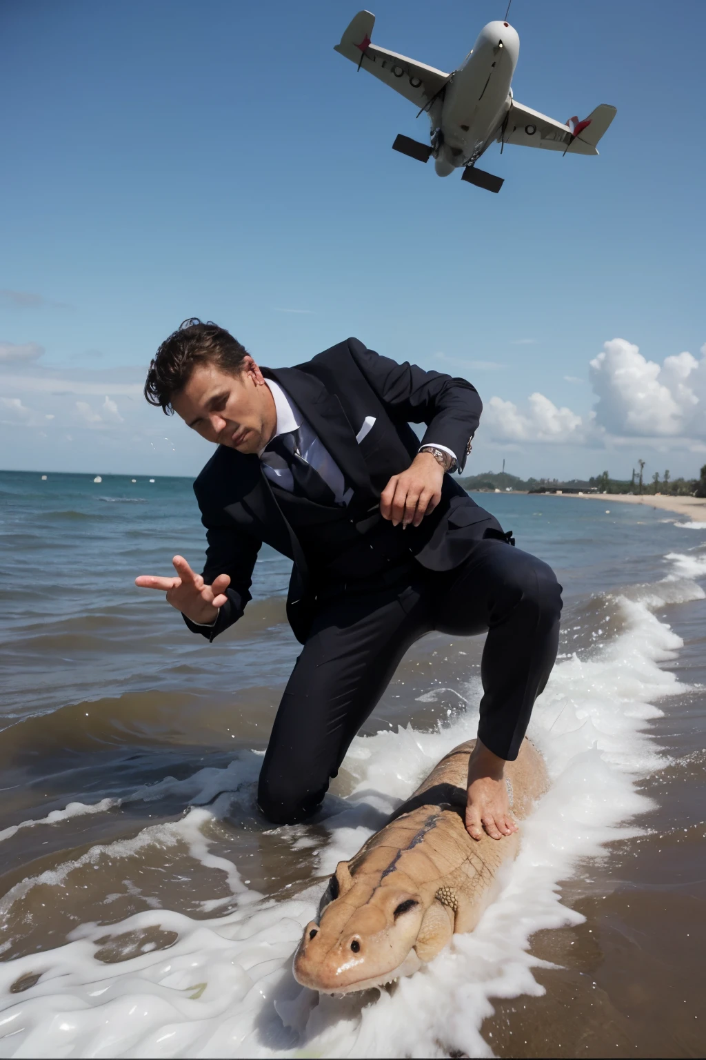 alligator in suit surfing