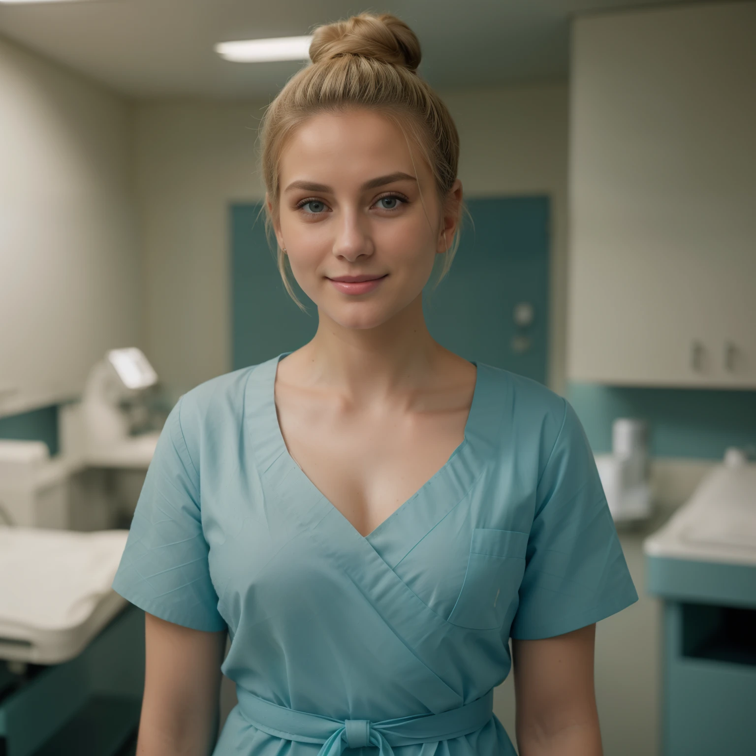 A Realistic Portrait, of a tenager girl, 15 years old (Lady Oscar=, blonde hair,, as surgical nurse, Beautiful, detailed face, detailed eyes, (realistic skin:1.3), (pale skin:1.1), (textured skin:1.3), (()), big smile, (iphone photograph), (perfect small breasts:1.1),  (artificial lighting:1.3),  looking at the camera, perfect slim body, amateur Photography, Photorealistic, Detailed, analog, poor quality, grainy, standing in operation room, wearing dark-teal surgical scrubs, wide angle, showing full body, short hair tied up, hair bun, hair tied as chignon