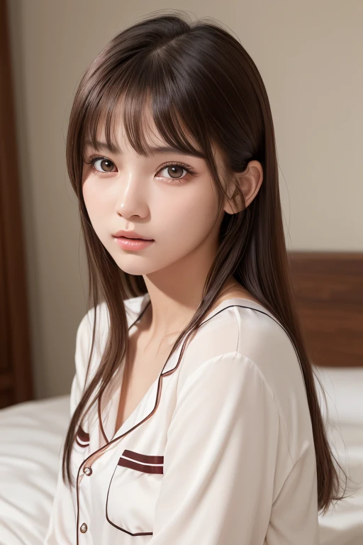 one girl, (a beauty girl, delicate girl:1.3), (18-year-old:1.3),
break, (pajamas,Unbutton:1.3、 white pajamas:1.2),
break, Very fine grain definition, (Symmetrical eyes:1.3),
break, (Lie down on the bed、Bedroom:1.3), 
break, Small breasts, Brown eyes, Parted bangs, Brown Hair,  girl,
break, (Eye and facial details:1.0),
break, (masterpiece, highest quality, Super detailed, Detailed face, 8k)