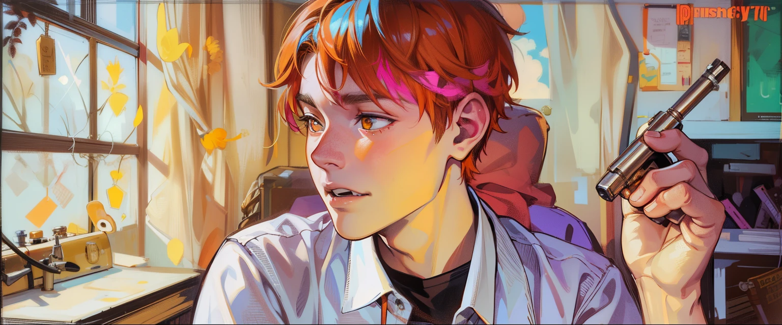 cute young 17 year old man is worried he is thoughtful he has orange hair orange eyes