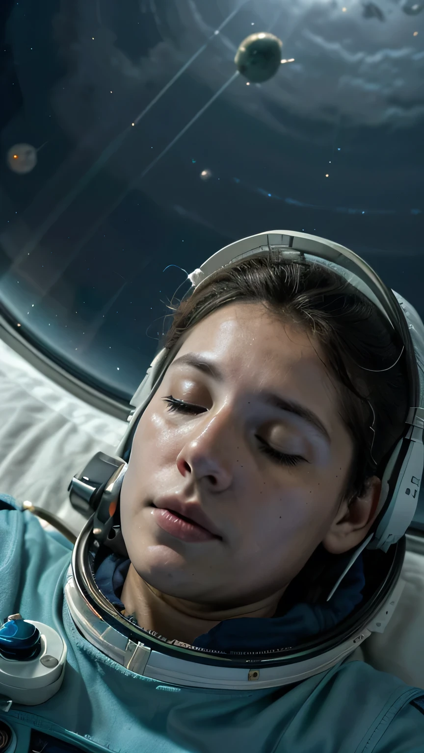 Astronauta flutuando dentro de um saco de dormir fechado, sem partes do corpo pressionadas com atmosfera