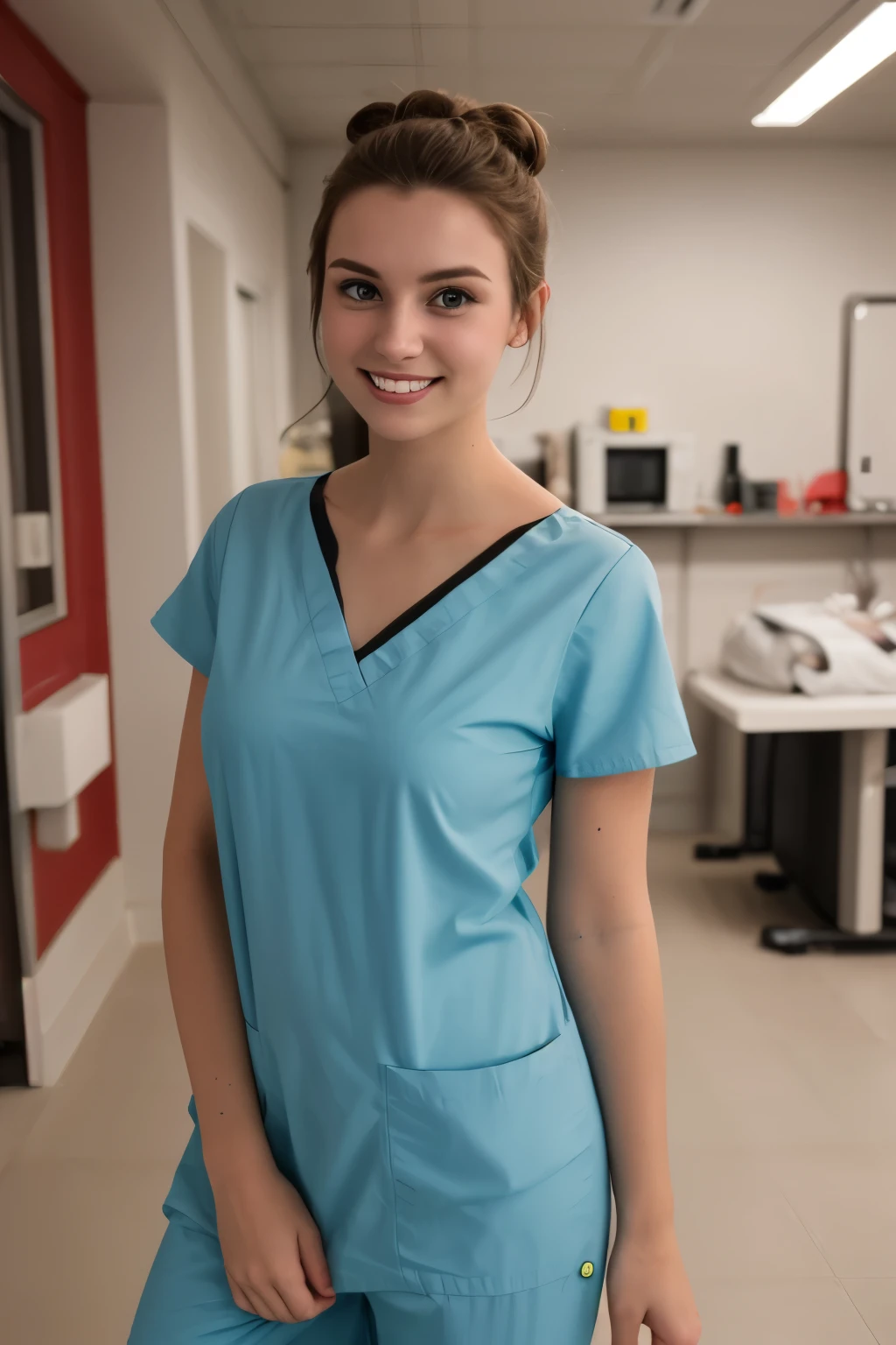 25 year old girl, brunette, Nahaufnahme, Girl Next Door, schlaffe Kleider, Nacht, Innere, Zerzaustes Haar A Realistic Portrait, of a tenager girl, 17, (Hayden Pannetiere),, as surgical nurse, Beautiful, detailed face, detailed eyes, (realistic skin:1.3), (pale skin:1.1), (textured skin:1.3), (()), big smile, (iphone photograph), (perfect small breasts:1.1), (artificial lighting:1.3), looking at the camera, perfect slim body, amateur Photography, Photorealistic, Detailed, analog, poor quality, grainy, standing in operation room, wearing dark-teal surgical scrubs, wide angle, showing full body, short hair tied up, hair bun, hair tied as chignon