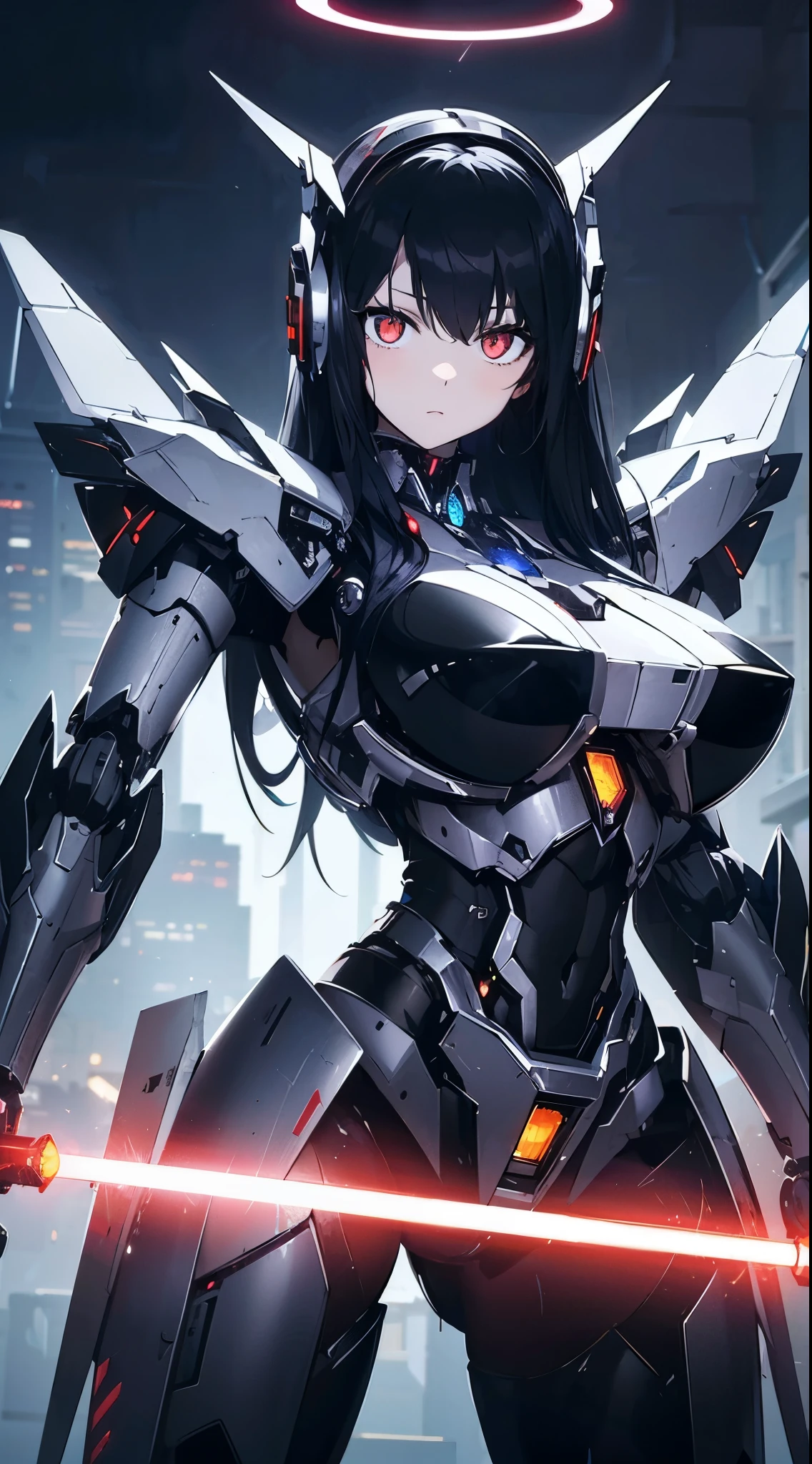 Machine eyes glowing red、Expressionless