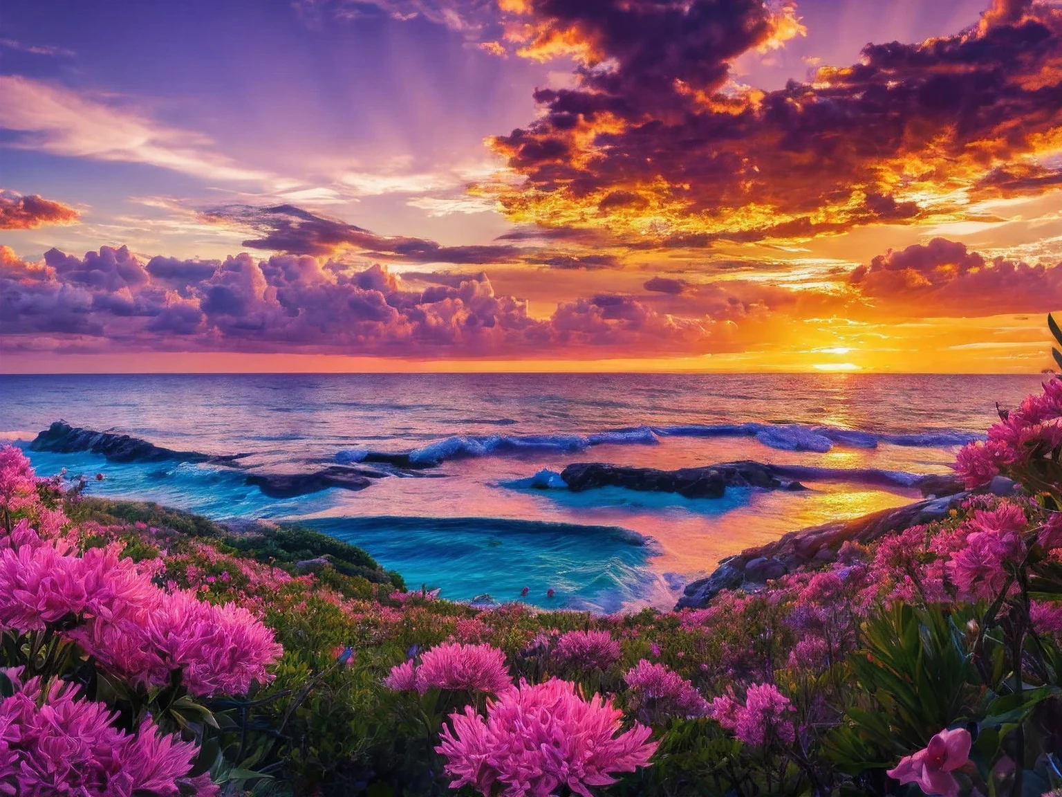 Landscape, foreground, Tini flowers, see a beautiful sunset, smooth color, sea, realistic, high detail, High quality, UHD graphics, 16k rendering