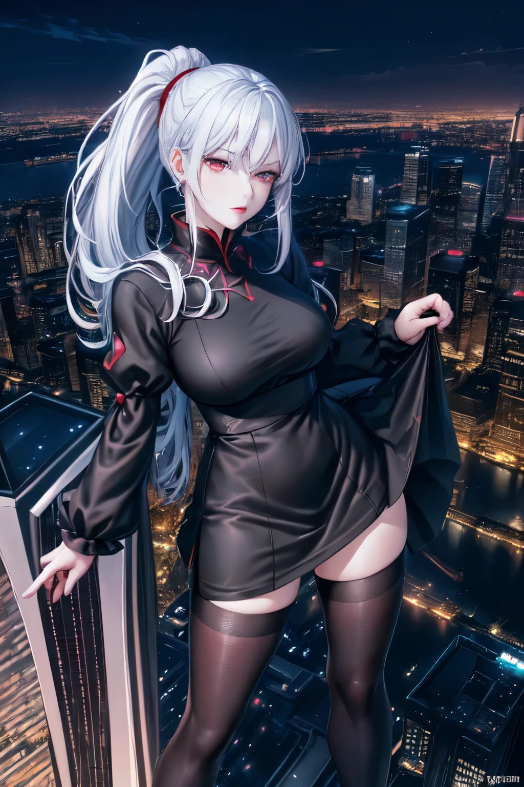 anime, (artwork, best quality, ultra-detailed, high contrast), 1 woman (Alone, full body, plus size body, standing on the edge of the skyscraper, silver hair, LONG In a ponytail, red eyes (detailed eyes), passionate expression, red lips (perfect lips), ruby sparkles, (simple black qipao), high heel boots black cybernetics with neon pink), transparent black socks), (skyscraper roof, overlooking a city, detailed background ((night time, Darkness, low light pollution))) face in close