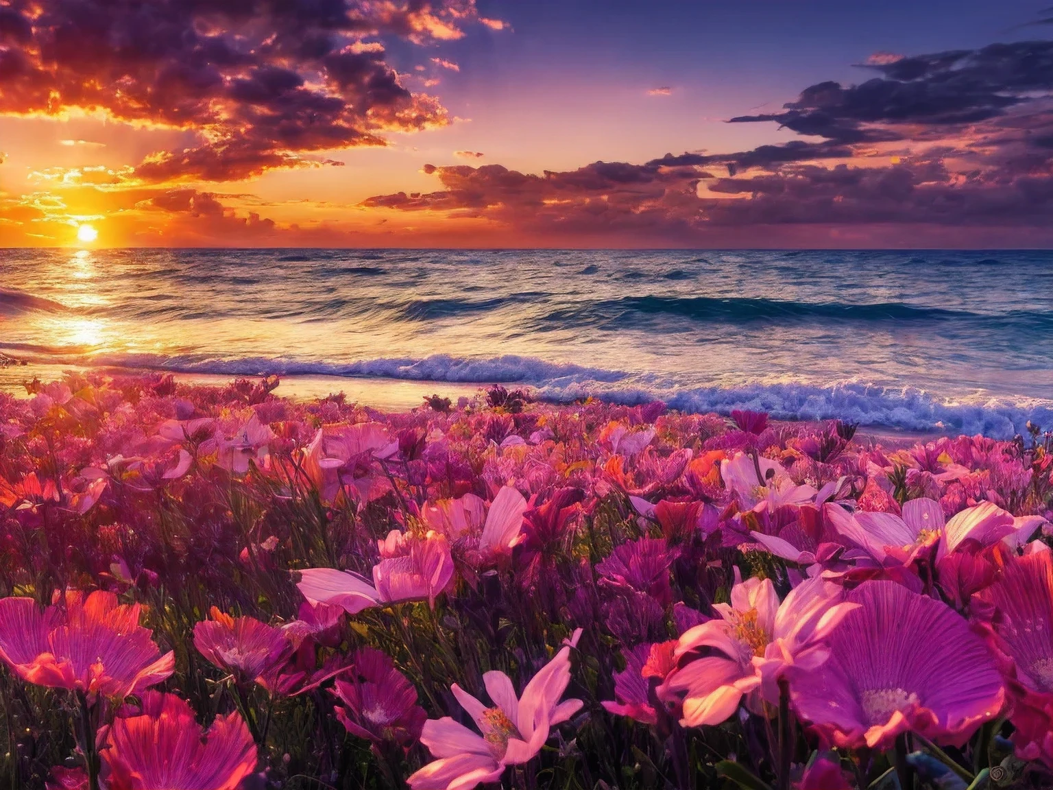 Landscape, foreground, Tini flowers, see a beautiful sunset, smooth color, sea, realistic, high detail, High quality, UHD graphics, 16k rendering