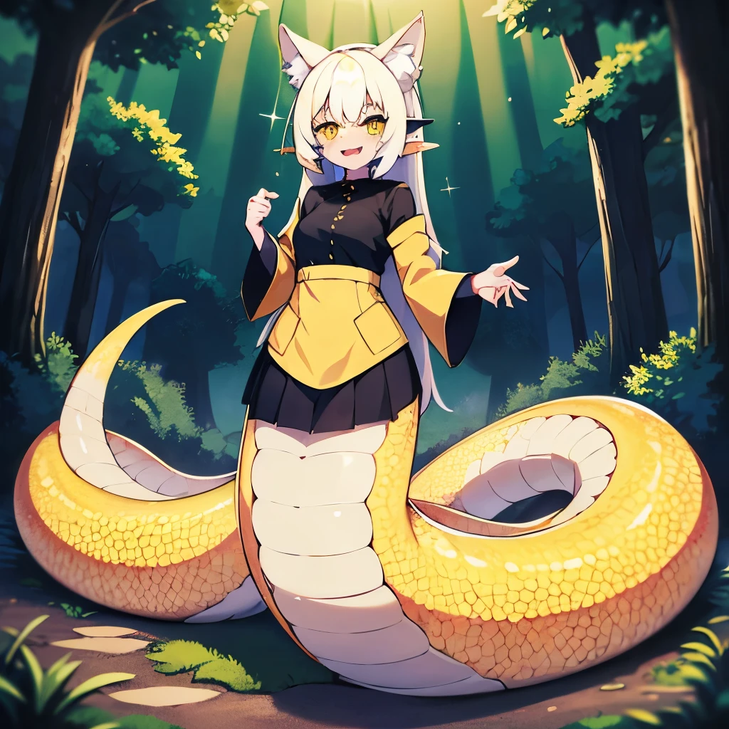 1girl, lamia, ((yellow scales)), silky tail, standing, black shirt, yellow jacket, white mini skirt, long white hair, amber eyes, best quality, masterpiece, 4k, 8k, 16k, highres, volumetric lighting, high detailed, small breasts, fox ears, slit pupils, ultra detailed, deep shadows, forest, nighttime, happy, ((full body))