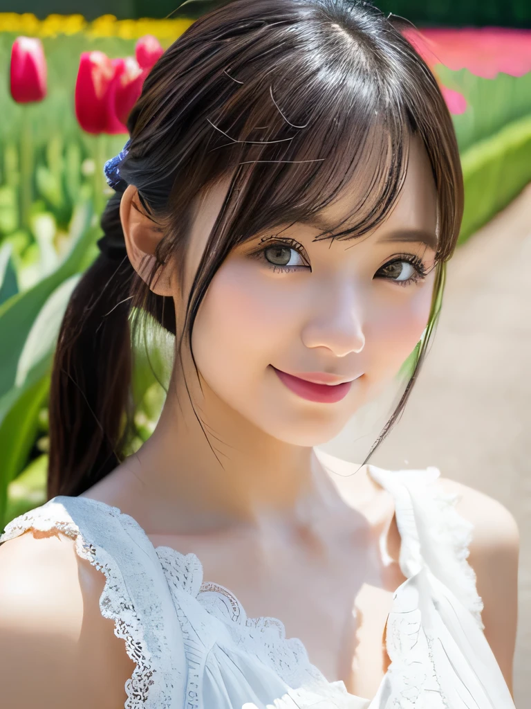 (Squat)、(highest quality:1.5)、(Realistic:1.5)、(1 person:1.5)、(Very detailed)、(High resolution)、8k、(Wear a dark mini skirt dress with lace)、(Small breasts)、Natural color lips、Cute Smile、20-year-old girl、(beautiful and elaborate face)、(Perfect and beautiful face)、(Big eyes)、(beautiful and elaborate face)、(beautiful, Balanced Eyes)、beautiful double eyelids、Perfect and beautiful face、Arched thin eyebrows、Cute pose、Slim face、(Slim figure)、beautiful and thin nose、 beautiful Skin、(Short Ponytail)、Natural Bangs、Fair skin、Front lighting、(Facial lighting)、Deep blue eyes、Slim waistline、(A hill full of colorful tulips and beautiful legs、Tulip Fields、