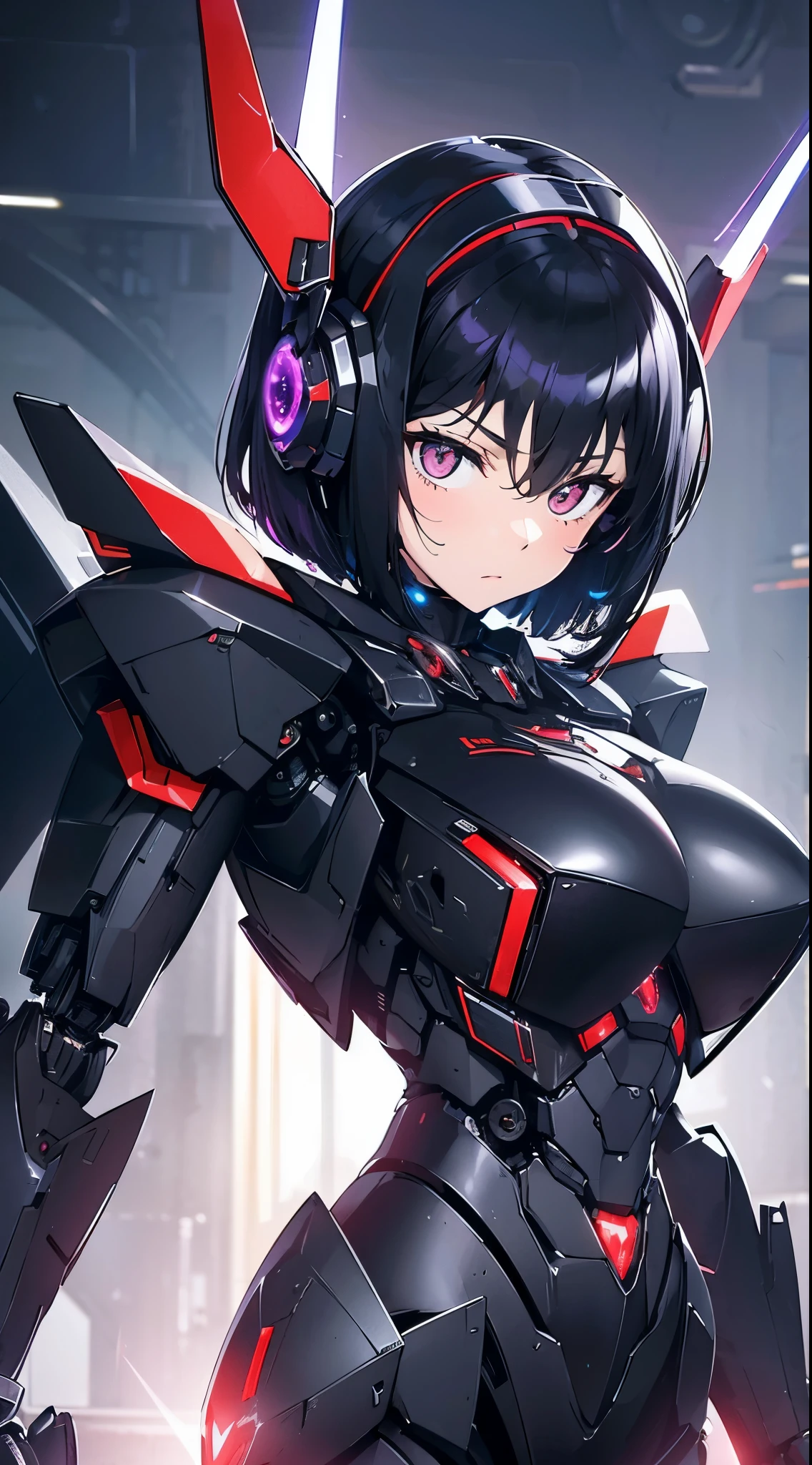 Machine eyes glowing red、Expressionless