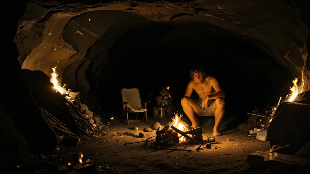 Neanderthal man in front of a cave with a campfire, front