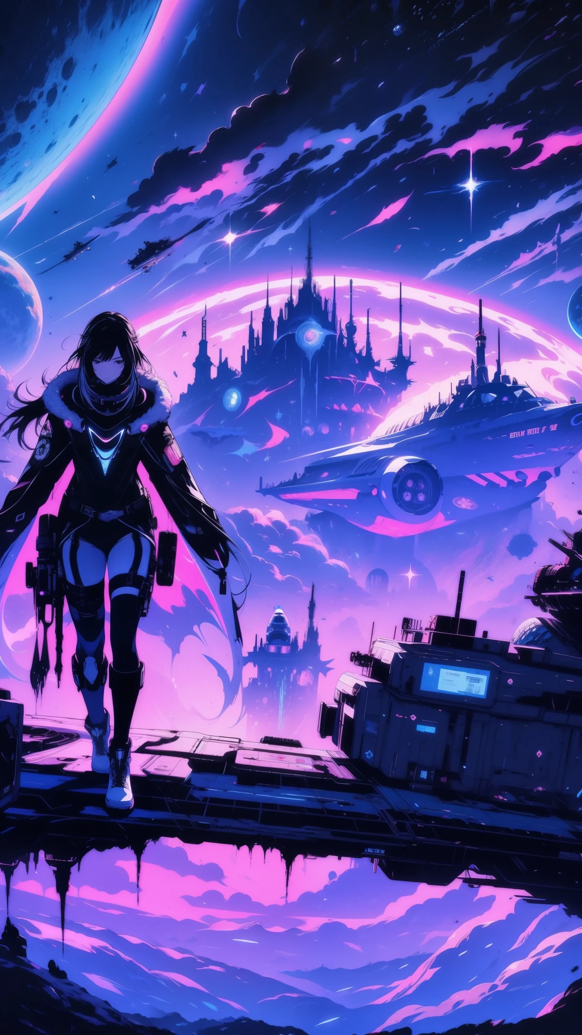 Space station orbiting a distant planet, a fearless space captain leading her crew, standing in front of a spaceship, accompanied by an alien companion, futuristic technology, cosmic background, fantasy world, dark background, clean design, epic, artstation, colorful paint splatter, silhouette, hyper detailed intricate details, unreal engine, fantasy, splash screen, complementary colors, deviantart masterpiece, oil painting, heavy strokes, paint dripping, indifferent expression