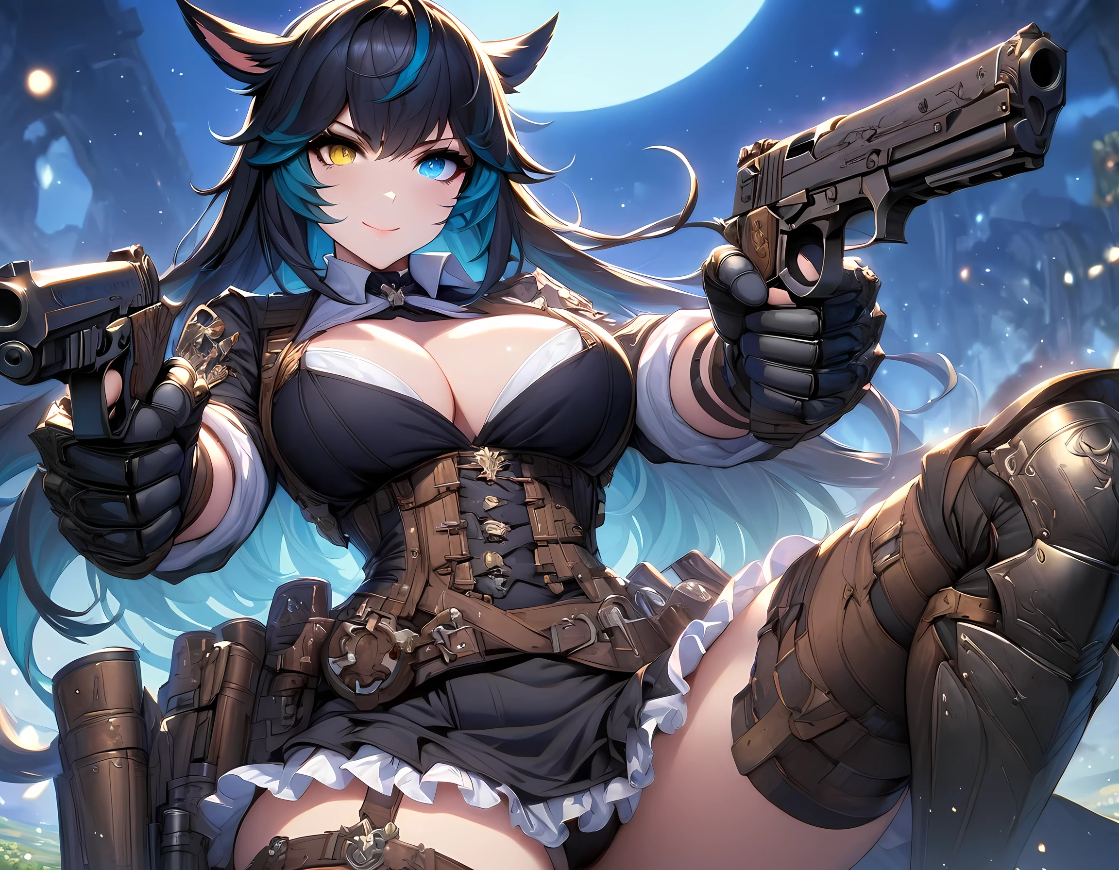 (masterpiece), best quality, expressive eyes, perfect face,1girl,final fantasy xiv,miqo'te,gunner,pistol,(heterochormia,yellow eye,blue eye:1.1),(black steampunk dress:1.2),frilled skirt,armored gloves, armored greaves,big breasts,(multicolored hair,black hair,turquiose hair:1.3),long straight hair,[[meadow,night,full moon,starry sky]],cowboy shot,standing,sexy pose,confident smile,steampunk style,action pose