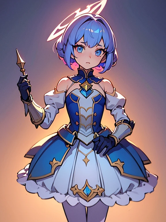 ((Masterpiece, Highest quality)), Detailed face, CharacterDesignSheet，full bodyesbian, perfectly proportions，Full of details, Multiple poses and expressions, Highly detailed, Beautiful paladin girl，holding a shield，Seductive，Blue-pink gradient hair color，Detailed eyes, ssee-through，lacepantyhose，High Balance, Overhead halo，Natural light，Star decoration