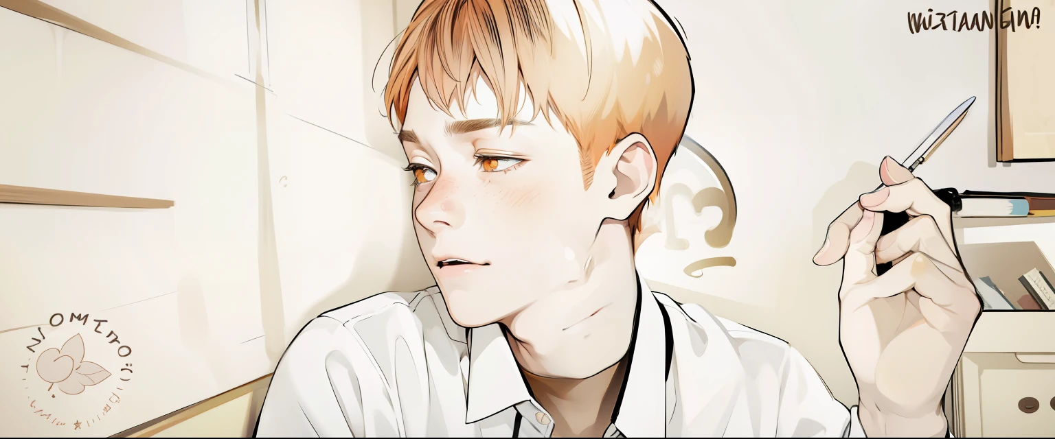cute young 17 year old man is worried he is thoughtful he has orange hair orange eyes