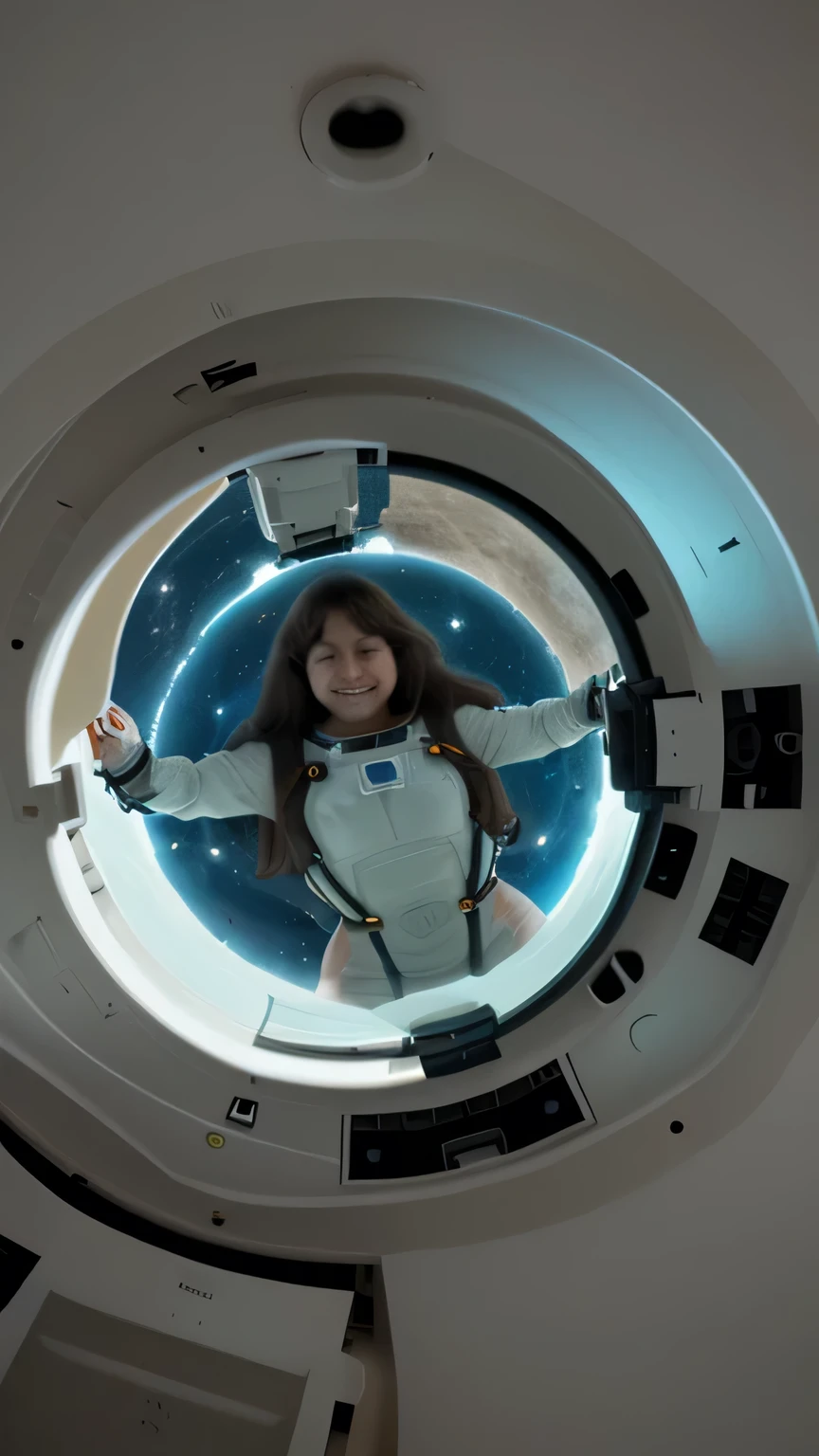 Astronauta flutuando em microgravidade,
appearing comfortable and relaxed.