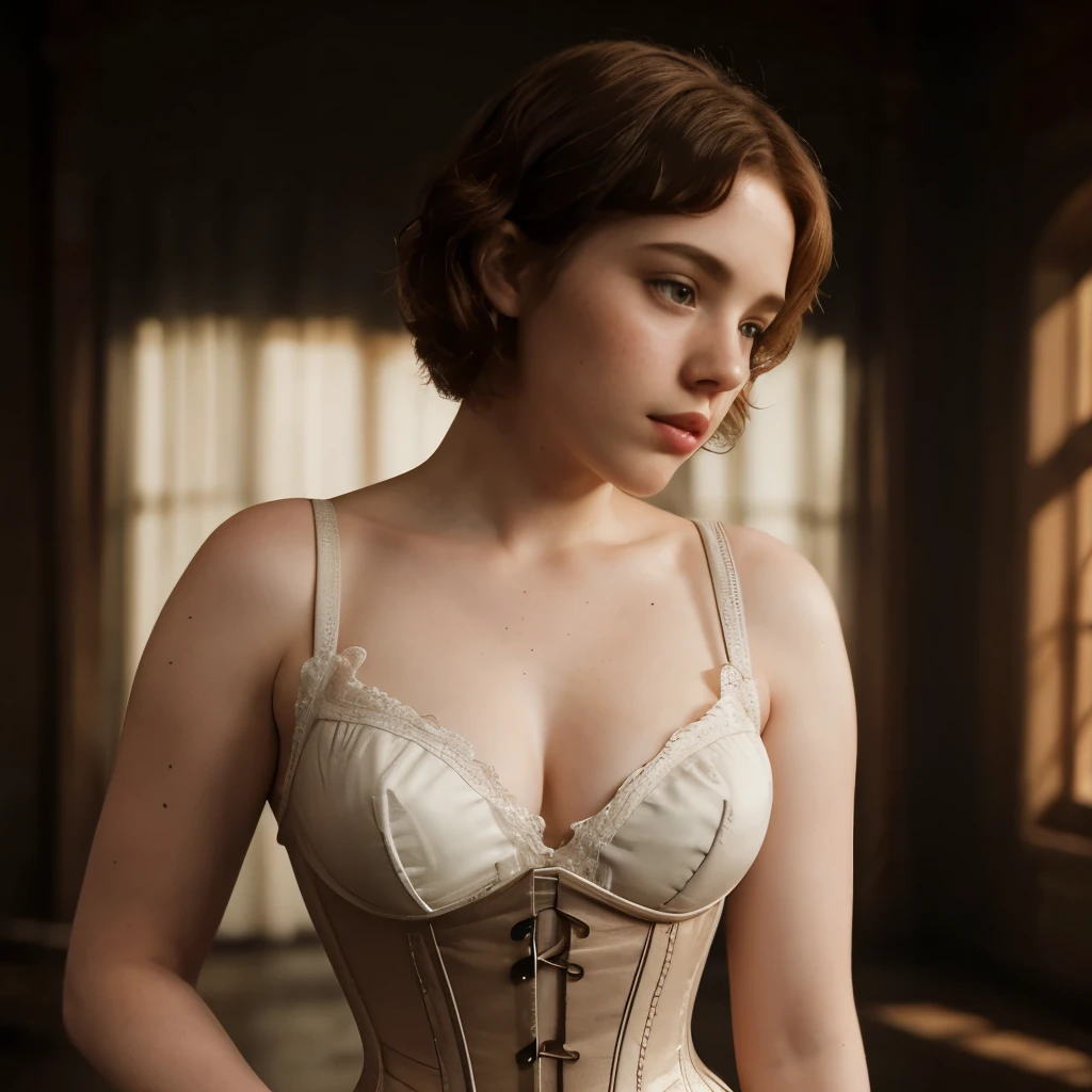 Sophia Lillis, thick body, short wavy hair, extra pale skin, freckles, dramatic lighting with shadows, corset, flowing dress, cleavage