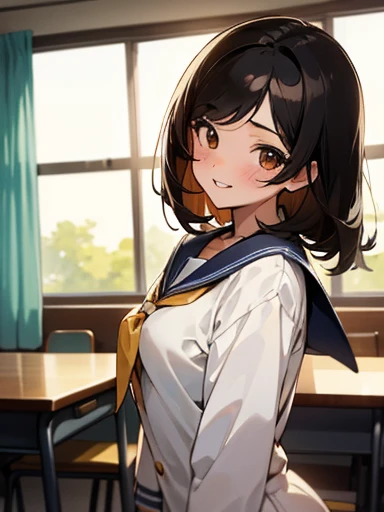 masterpiece, best quality, ultra-detailed, kawaii, cute, lovely, sexy, extremely detailed, 4K, 8K, best quality, beautiful, in the middle, in the classroom, evening, summer, a cute girl, 1girl, solo, sailor suit, beautiful black hair, beautiful brown eyes, beautiful eyes, white-skinned, medium hair, swept bangs,smile,parted lips