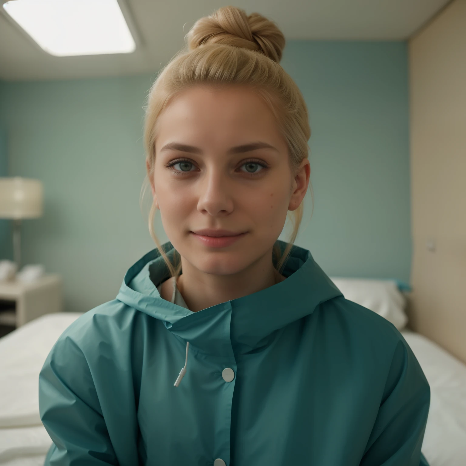 A Realistic Portrait, of a teenager girl, (Audrey Digital desire) pediatric patient, ,, Beautiful, detailed male boy face, detailed eyes, (realistic skin:1.3), (pale skin:1.1) perfect small breasts ), (textured skin:1.3), (()), big smile, (iphone photograph), ), (artificial lighting:1.3), thin blonde eyebrows, looking at the camera, perfect slim body, amateur Photography, Photorealistic, Detailed, analog, poor quality, grainy, laying in bed, , wide angle, showing full body , laying naked on dark-teal nylon sheets, dorsal position, suppine position, frontal picture from above, wearing long teal nylon patient gown, ultra-short blonde hair and ears fully covered by teal viynl shower cap, wide-spread arms (rectangular opened), , small teal pillow