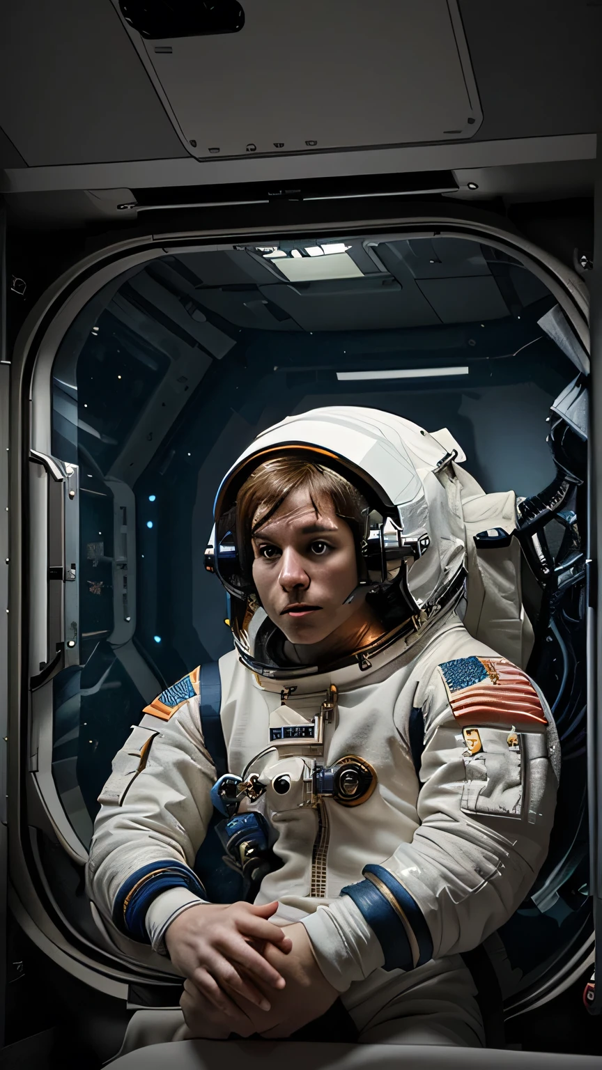 Astronaut inside the spacecraft, surrounded by equipment and with a tired expression, indicando que tem muitas coisas para fazer.
