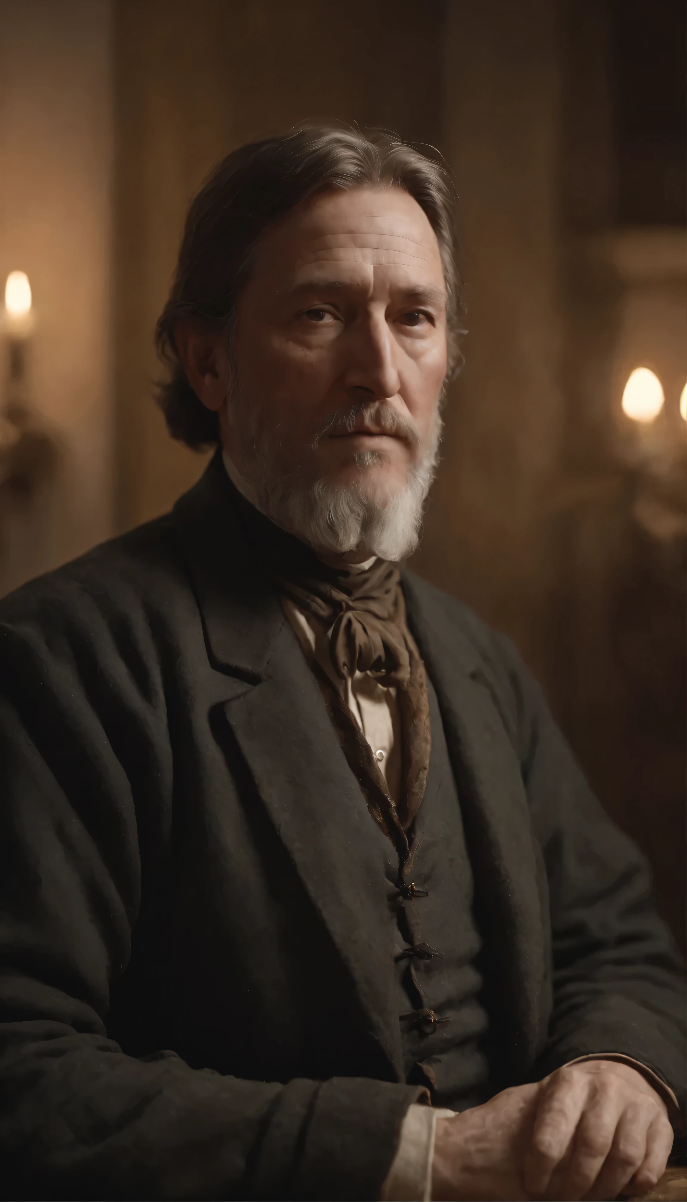 A captivating portrait of Galen:1.2 is、Impeccable construction、Delicate features、Showcasing a realistic and flawless face with perfectly sculpted hands。The subject, Gabe Newell,、I am gazing intently at a canvas, a 19th century style close-up oil painting.。Artwork was rendered with Octane Render in Unreal Engine 5.、Delivers exceptional levels of detail and realism。 Atmospheric lighting illuminates the scene、Frederic Remington、by HW Hansen、Creates a warm, inviting atmosphere similar to the masterpieces of Charles Marion Russell。The portrait is hyper-detailed to the point