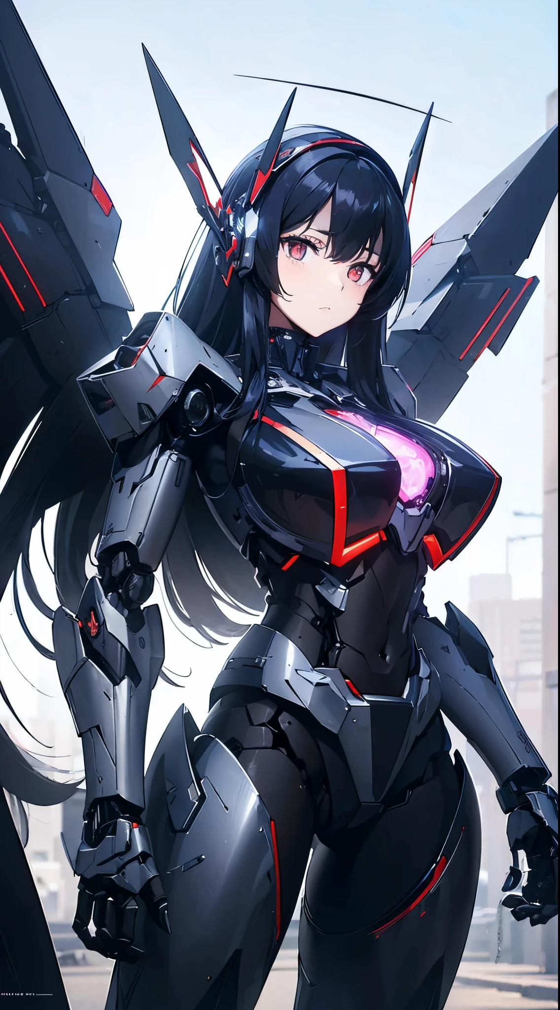 Machine eyes glowing red、Expressionless