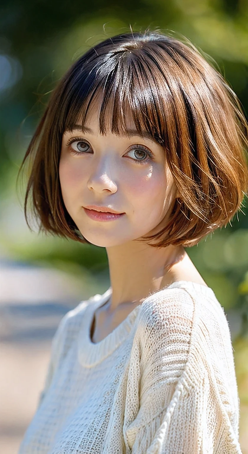 Short hair and white Summer knitwear, Summer knitwear, short hair, short hair with bangs, Girl with a cute face, Portrait of a cute beautiful face, French bob, White skin!!, Short brown hair and big eyes, soft portrait shot 8k, beautiful light、big eyes, beautiful girl, Young girl with bob haircut, better image quality, masterpiece, Leonardo da Vinci&#39;Da Vinci notebooks, Leonardo da Vinci&#39;manuscript in the background,Russian young girl,ultra-realistic photo portrait,studio quality