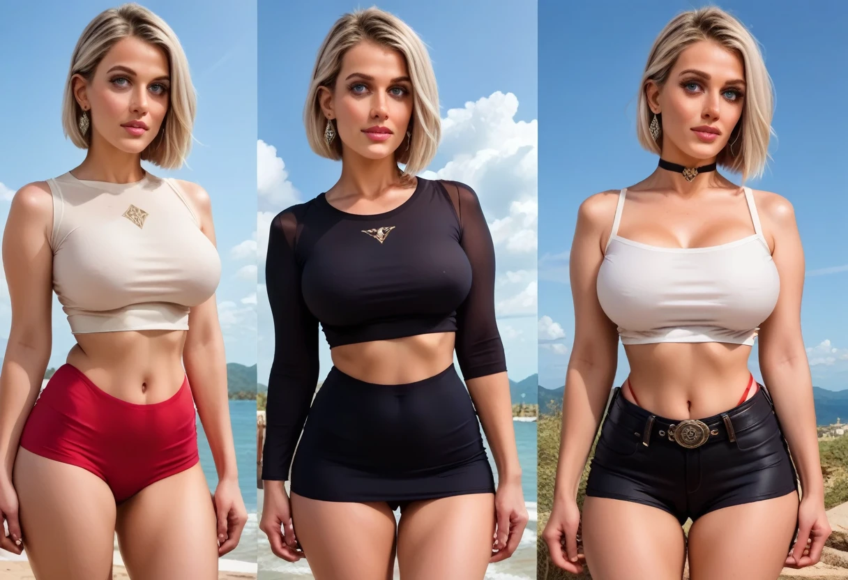 best quality, masterpiece, (photo realistic),extreme realism, milfpeaches, detailed face, (pinup girl pose)1.3, score_9,score_8_up,score_7_up,score_6_up,source_realistic, 1girl, (multiple view:front view), (asymmetrical hair-length bob haircut), platinum blonde hair, diamond earrings, diamond choker, (braless cropped top, (pokies)), large natural breasts, (sexy belt (tight) (black mini micro-skirt)1.2), red thong (cameltoe)1.2, (black tights)1.3, high ponytail, cloud, highleg thong, (amazing panorama, blue sky), thick toned thighs, toned legs, outdoors, day, sky, normal angle, (multiple view:front view), uncensored