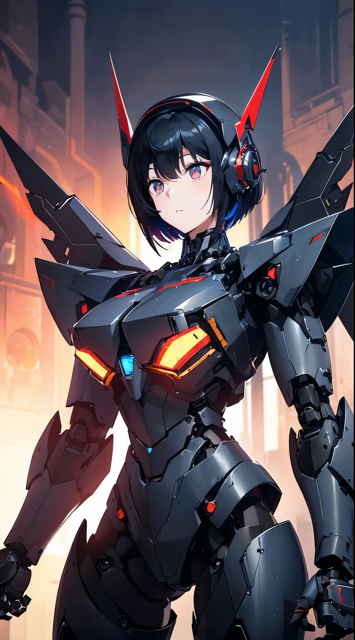 Machine eyes glowing red、Expressionless