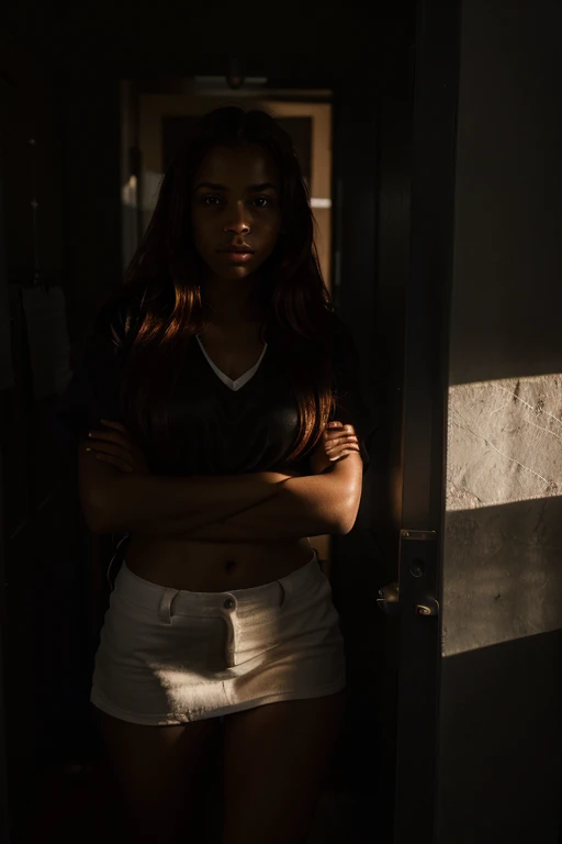 Portrait of a beautiful 18-year-old petit , redhead, gorgeous brownskin, in prison uniform, at the door, (dark private office, dark and melancholy light: 1.2)