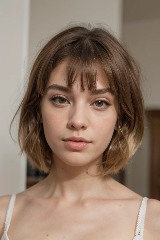 ((melhor qualidade)), ((Obra de arte)), (detalhado), , rosto perfeito, blonde hair with bangs , grey eyes, big lips, big and voluminous eyelashes, aristocratic nose, symmetrical face