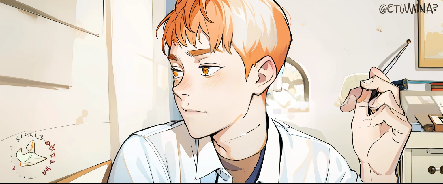 cute young 17 year old man is worried he is thoughtful he has orange hair orange eyes