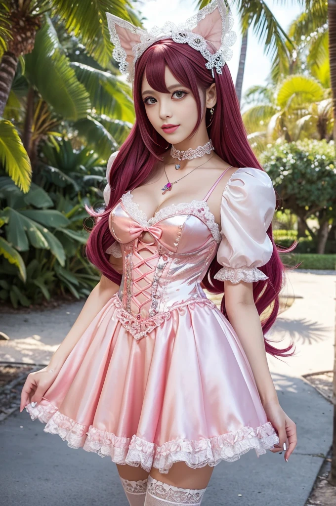 sexy stylish Spanish model, only 1 female, ((doll-like appearance)), long neon pink flowing hair, full-body shot, shiny Mary Jane shoes, beautiful smile, ultra detailed eyes, vivid eye makeup, lipgloss, long lashes, defined eyebrows, ((sexy Paradise Kiss cosplay)), bell-shaped skirt, petticoats, high neckline, puffed sleeves, (( ultra detailed lace)), ((ultra detailed embroidery)), intricate details, Paradise Kiss accessoires and matching headpiece, choker, ((large sparkling Paradise Kiss jewelry)), look at the camera, cinematic light, detailed large park background with trees