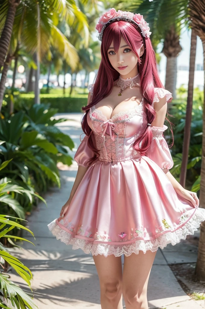 sexy stylish Spanish model, only 1 female, ((doll-like appearance)), long neon pink flowing hair, full-body shot, shiny Mary Jane shoes, beautiful smile, ultra detailed eyes, vivid eye makeup, lipgloss, long lashes, defined eyebrows, ((sexy Paradise Kiss cosplay)), bell-shaped skirt, petticoats, high neckline, puffed sleeves, (( ultra detailed lace)), ((ultra detailed embroidery)), intricate details, Paradise Kiss accessoires and matching headpiece, choker, ((large sparkling Paradise Kiss jewelry)), look at the camera, cinematic light, detailed large park background with trees