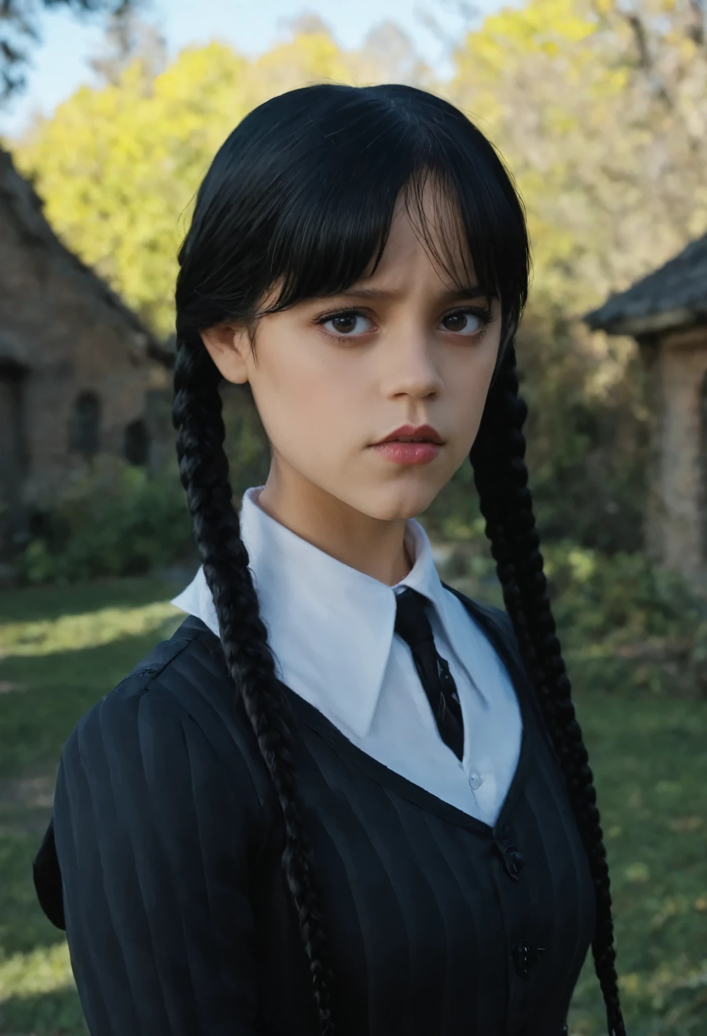 (full head):1.8, Arafed woman looks like Jenna Ortega with braids in a red dress and white shirt, big breast, as Mittwoch Addams, Mittwoch Addams, she has white eyes!!!, Sie hat schwarze Haare mit Pony, with black pigtails, she has a sweet face
