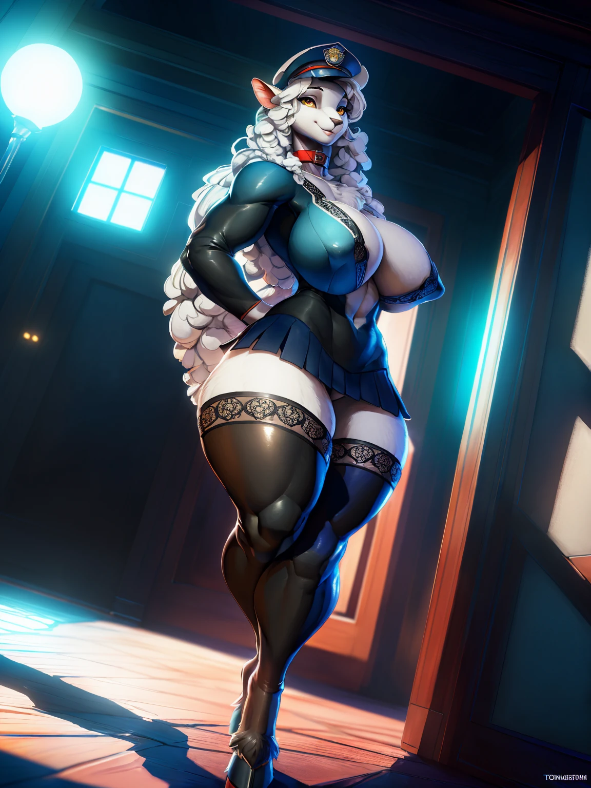 uploaded on e621, by Pixelsketcher, by Bayard Wu, by Thomas Benjamin Kennington, by Einshelm, solo anthro, ((Portrait)), ((Wear a black tight police uniform)), red collar, police uniform, police hat, showing police emblem, unbottom blue blouse, black leather skirt, (Lace Model Underwear), ((mouth open)), (detailed Bonifasko lighting), Nature Purity, (Detailed fur), (detailed skin), BREAK, (hands on the waist), ((facing viewer with legs spread)), (Cinematic lighting), ((Detailed background)), (half body shadow), [Backlighting], [crepuscular ray], [Detailed ambient light], [gray natural lighting], [ambient light on the belly], (higher wildlife feral detail), [explict content], [sharp-focus], (Questionable content), (shaded), ((Masterpiece), Long curly hair, white hair, wool hair, Average Breasts, pectoral muscles, Fluffy fallow lamb, furry fantasy art, anthro art, commission for high res, Furry art, pov furry art, Sakimichan is beautiful, Masterpiece, small breasts, Best Quality, Detailed image, Bright colors, Detailed Face, perfect lighting, Perfect shadows, Perfect eyes, focus on girl, flawless face, golden eyes, gorgeous body, dark skin, Hourglass body, shiny body, feet focus, Girl Lan, Fluffy, fluffy woman, Body fur, Animal nose, toned fur, gaze at the viewer, half closed eyes, 1girl, full body, (Masterpiece:1.2), (Best Quality:1.2), (illustartion:1.2), (Cinematic lighting:1.3), Detailed fur, Balanced coloring, Global Illumination, Ray Tracing, good lighting, Fallow lamb, (wool:1.2), short lamb tail, Furry, anthro, showing hips, attractive body, sexy body, looking a viewer, seductive gaze, thick-thighs, fit body, Best Stockings, (hooves), Suggested Pose, Seductive Leg Pose,
